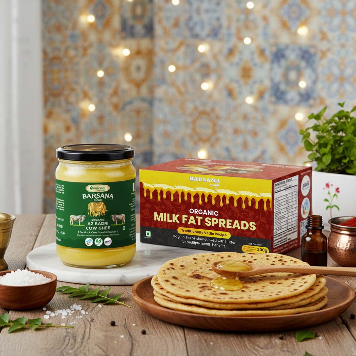 Barsana Magic and Organic Milk Fat Spreads with flatbreads on a wooden table