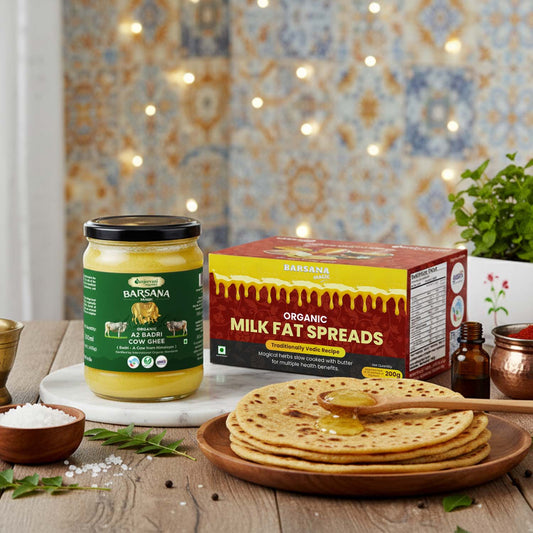 Barsana Magic and Organic Milk Fat Spreads with flatbreads on a wooden table
