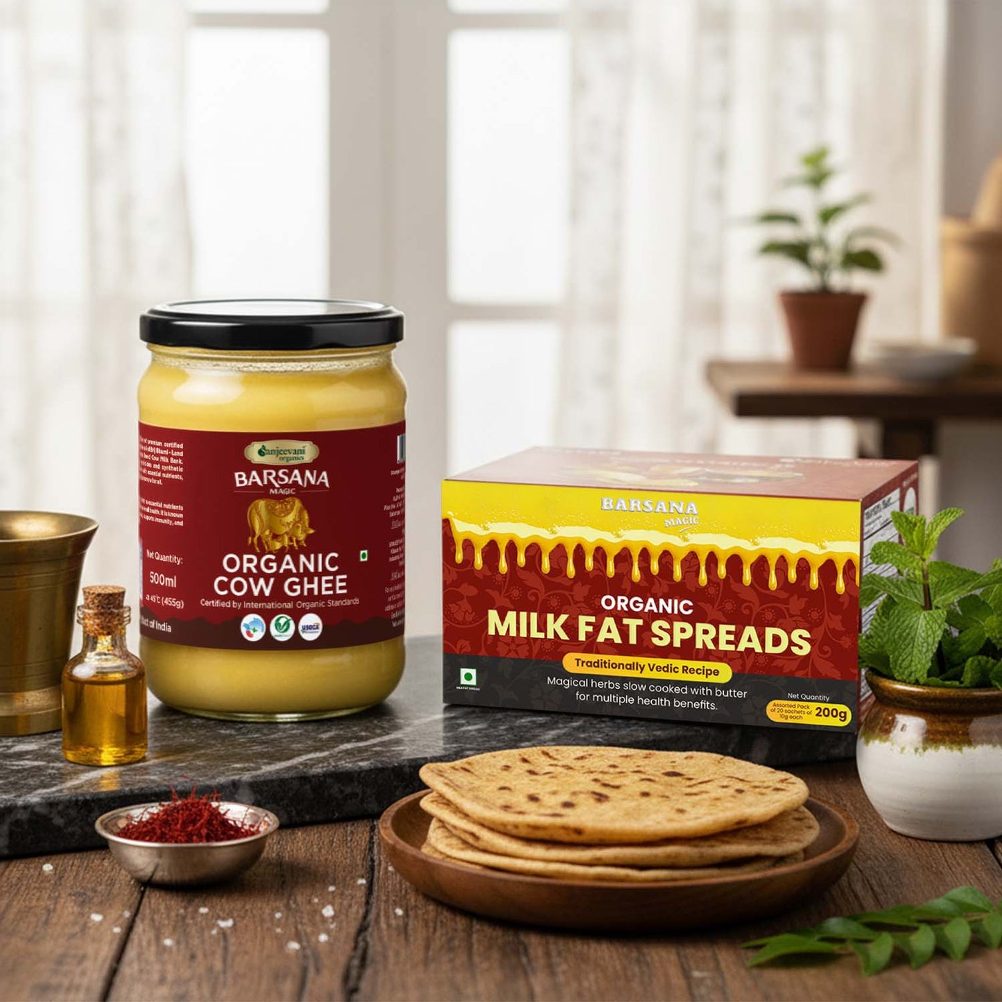 Barsana Magic and Jar of Barsana Organic Cow Ghee and packaging on a wooden table with flatbreads.