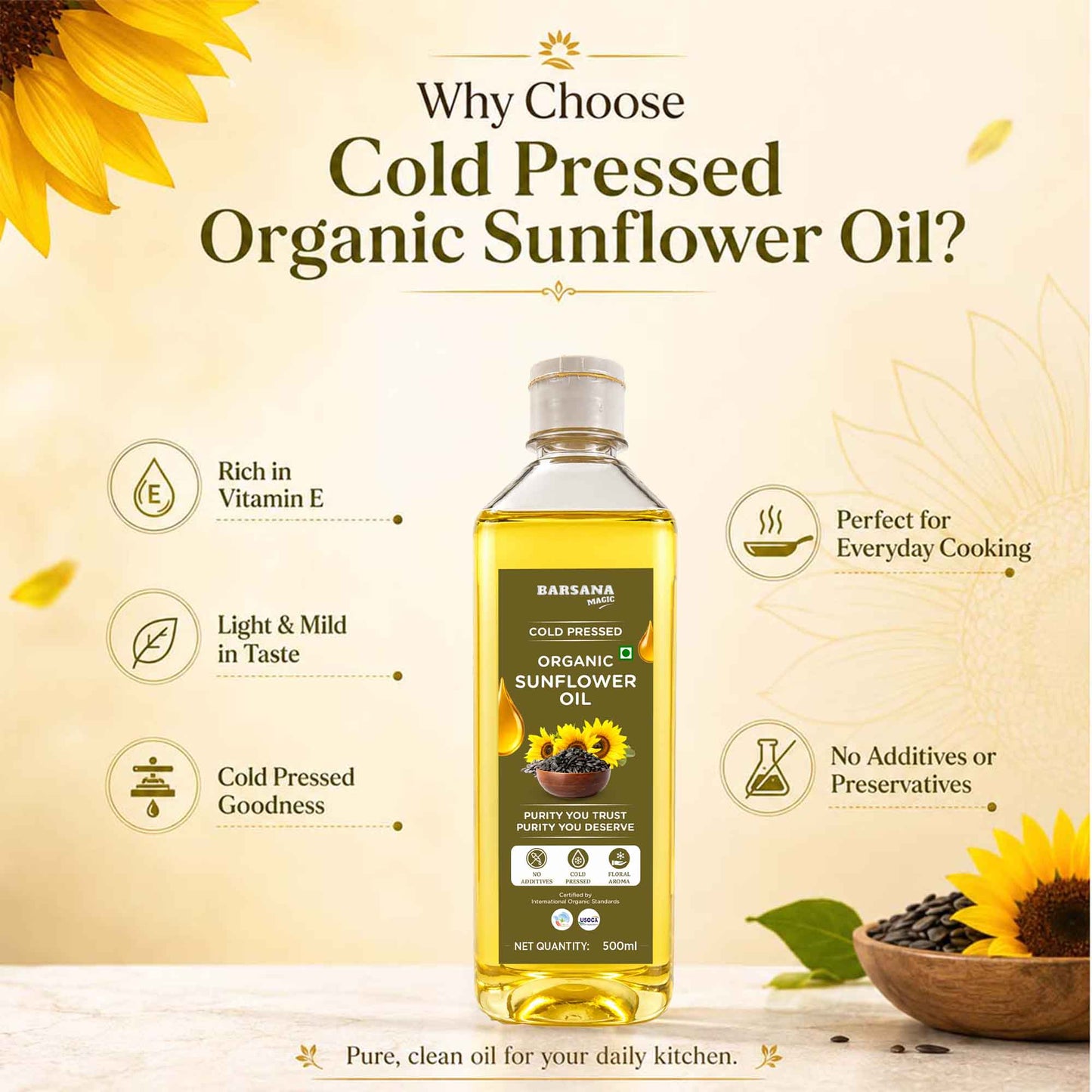 Cold Pressed Sunflower Oil 500ml | Certified Organic
