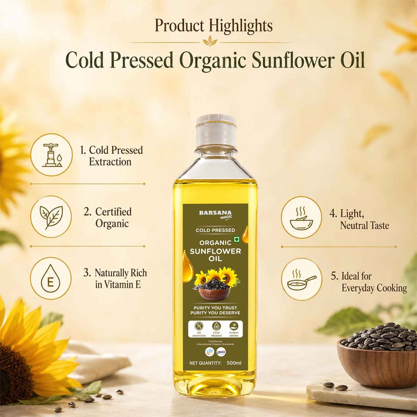 Cold Pressed Sunflower Oil 500ml | Certified Organic