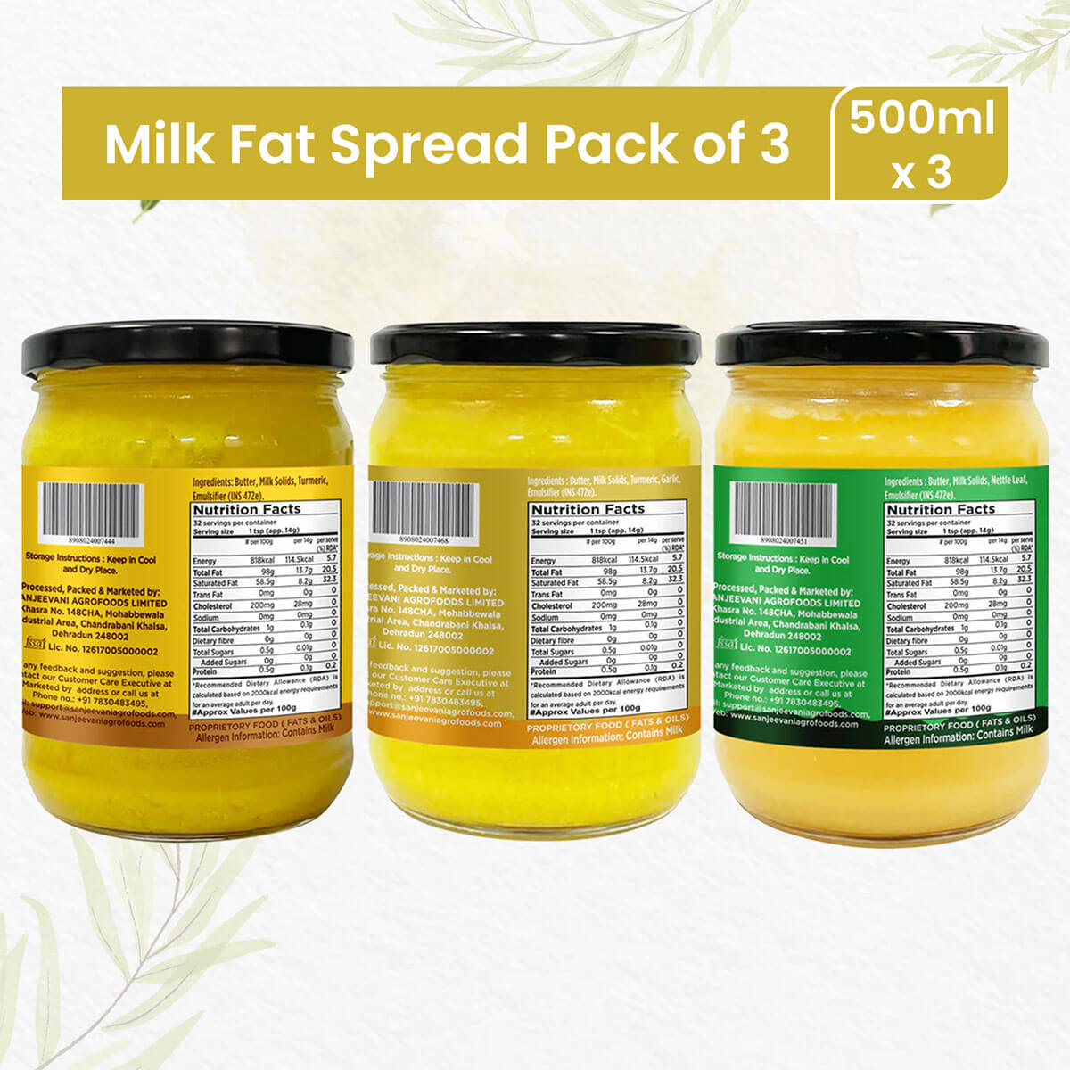 Trio of organic milk fat spreads in a pack, featuring nettle, turmeric, and turmeric-garlic blends with vibrant, natural hues.