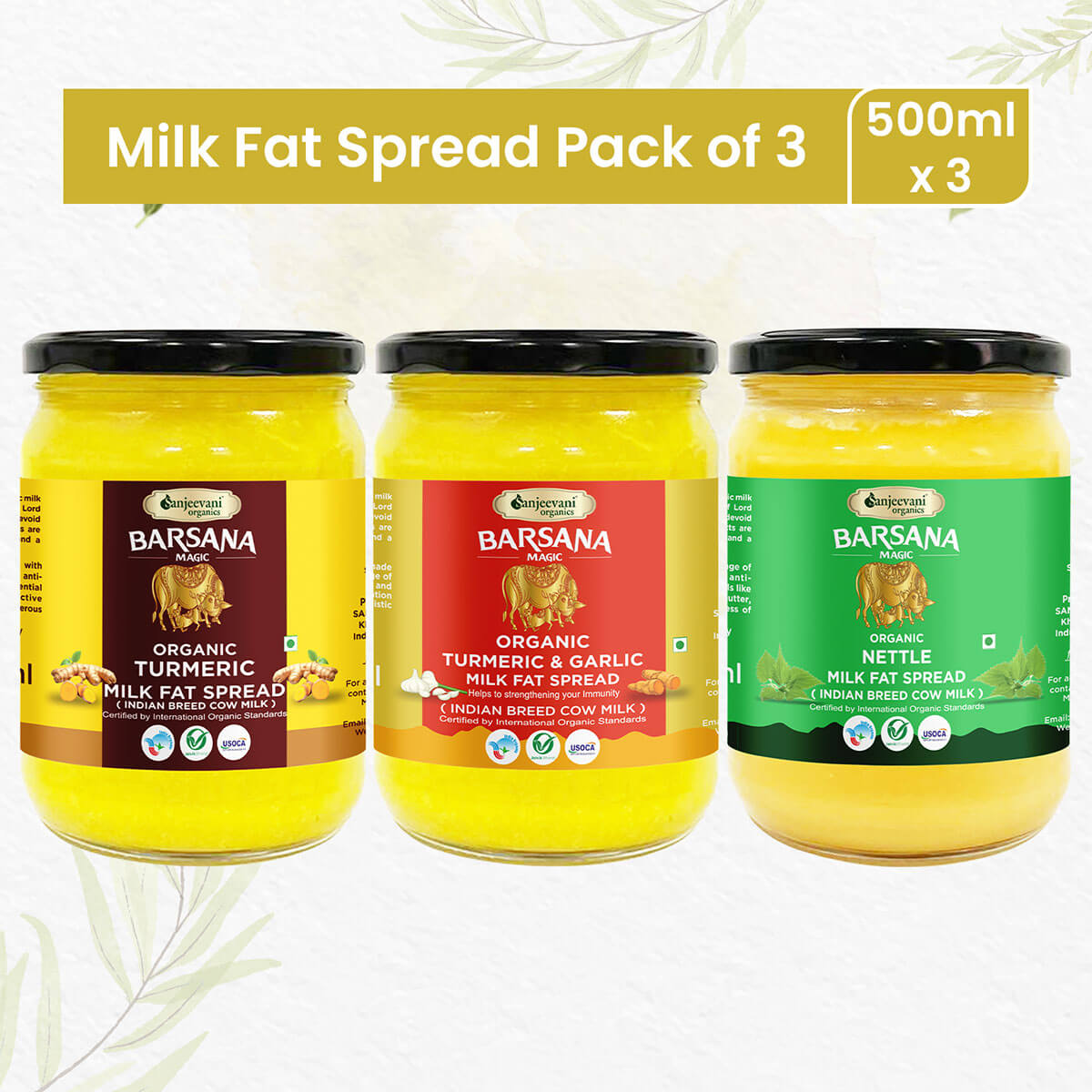 Trio of organic milk fat spreads in a pack of 3, featuring nettle, turmeric, and turmeric-garlic blends with vibrant, natural hues.