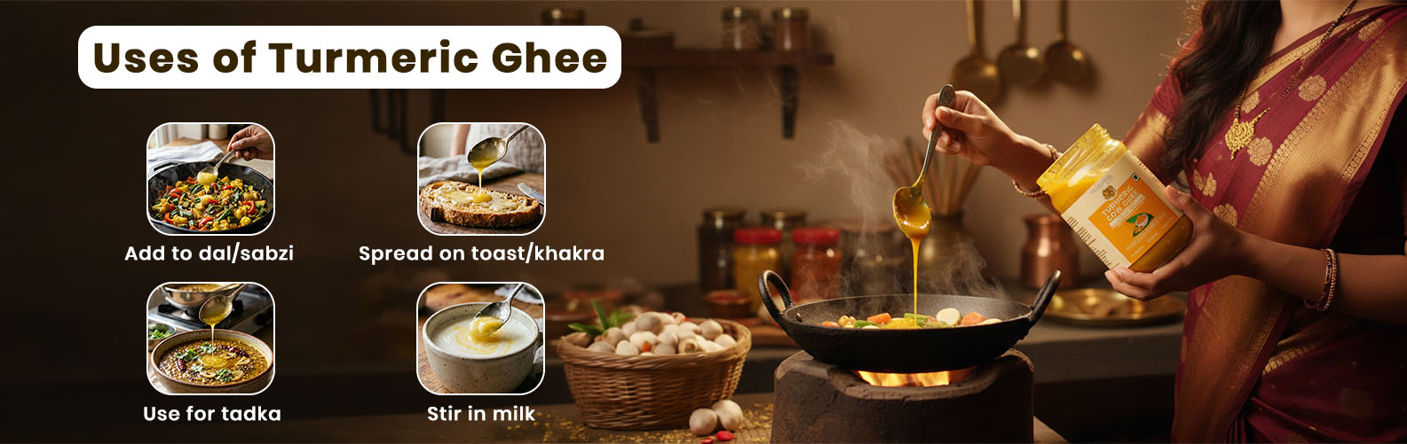 Barsana Magic and Uses of Turmeric Ghee with images and text overlay