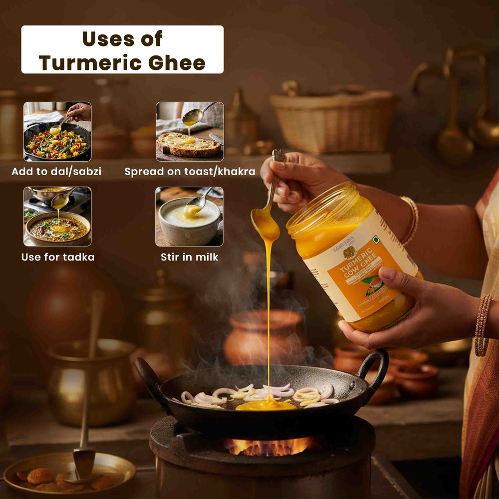 Barsana Magic and Person pouring turmeric ghee into a pan with text on uses of turmeric ghee.