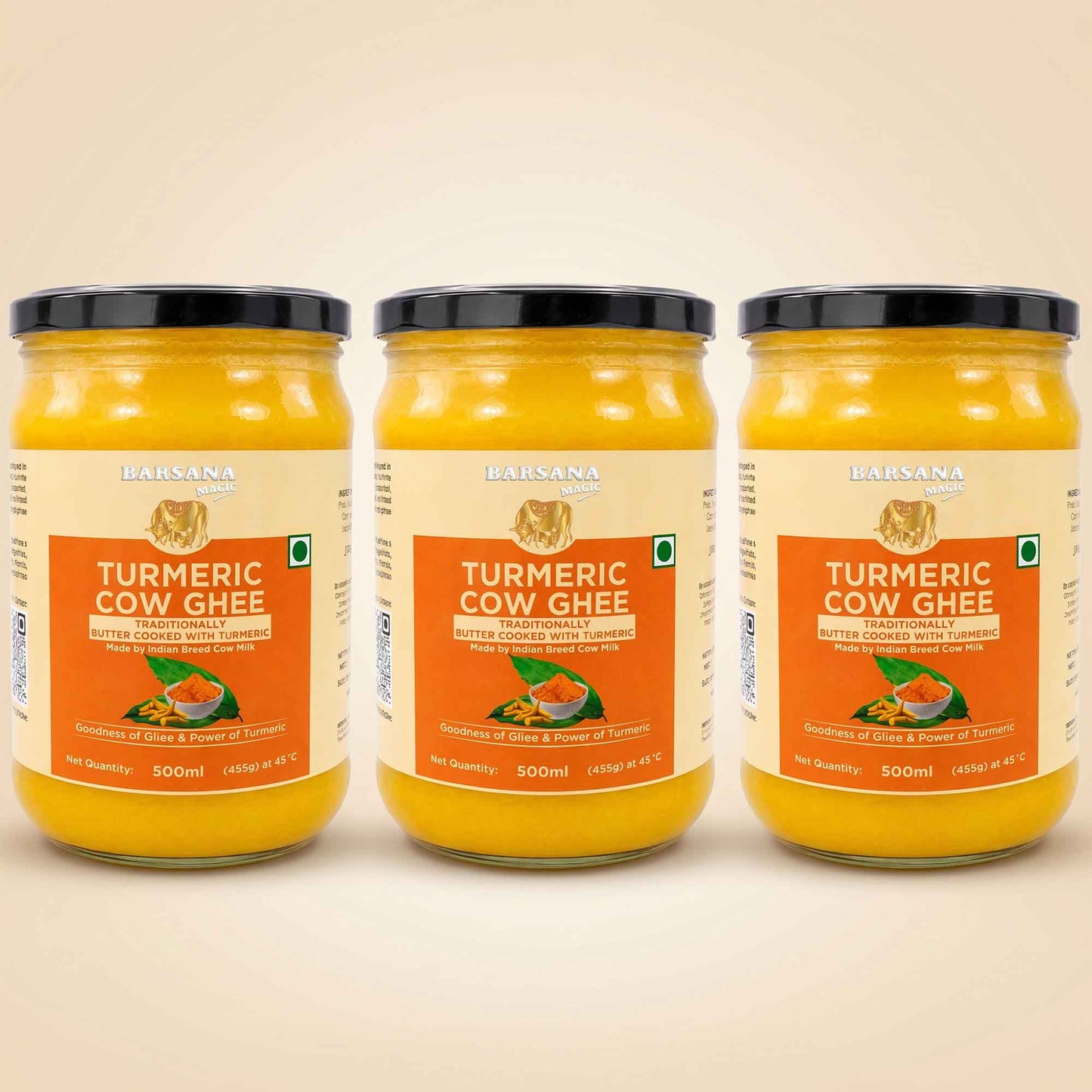 Barsana Magic and Three 500ml glass jars of Baisana Organic Turmeric Cow Ghee arranged side by side against a light beige background.