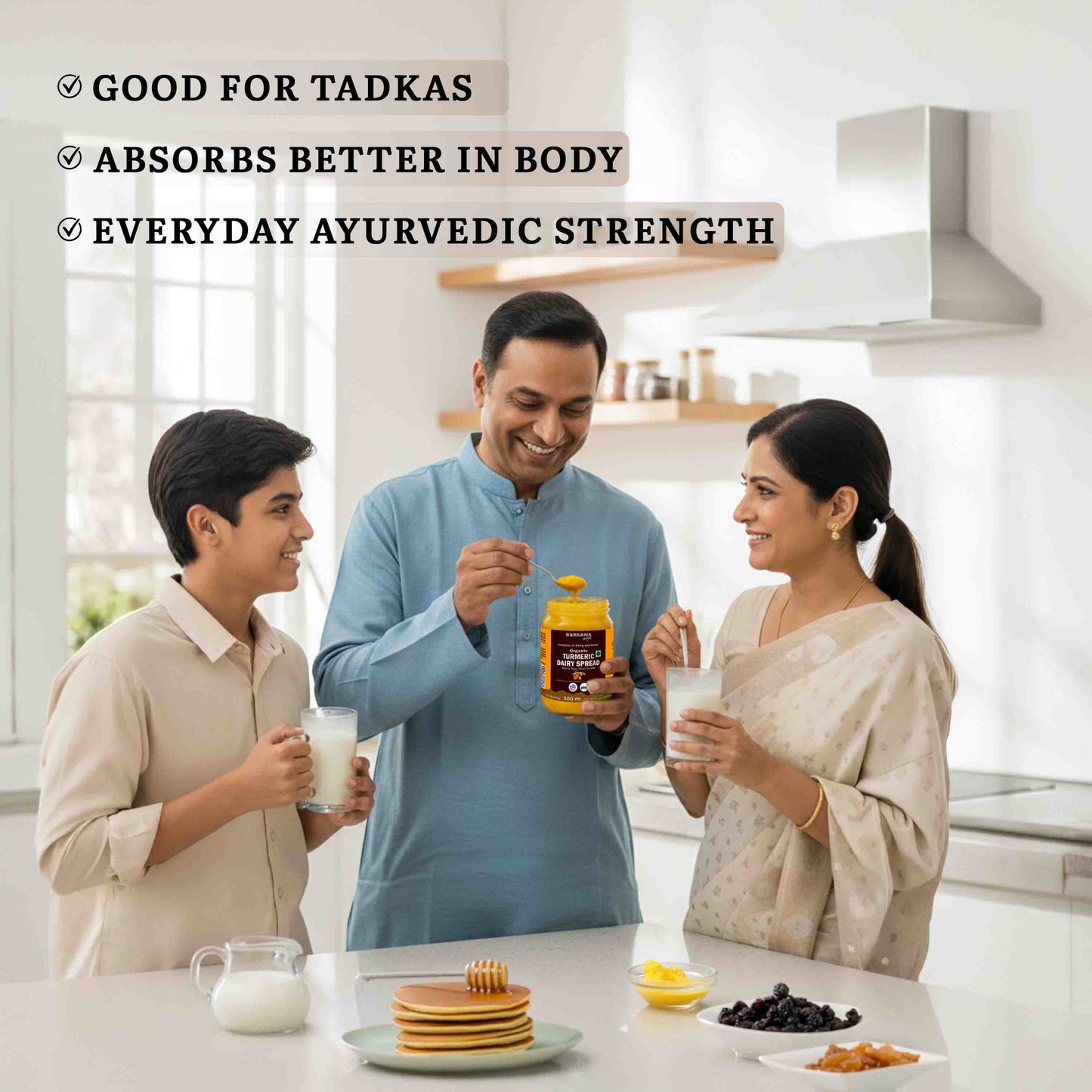Barsana Magic and Family in a kitchen with a product, promoting its benefits for tadkas and everyday Ayurvedic strength.