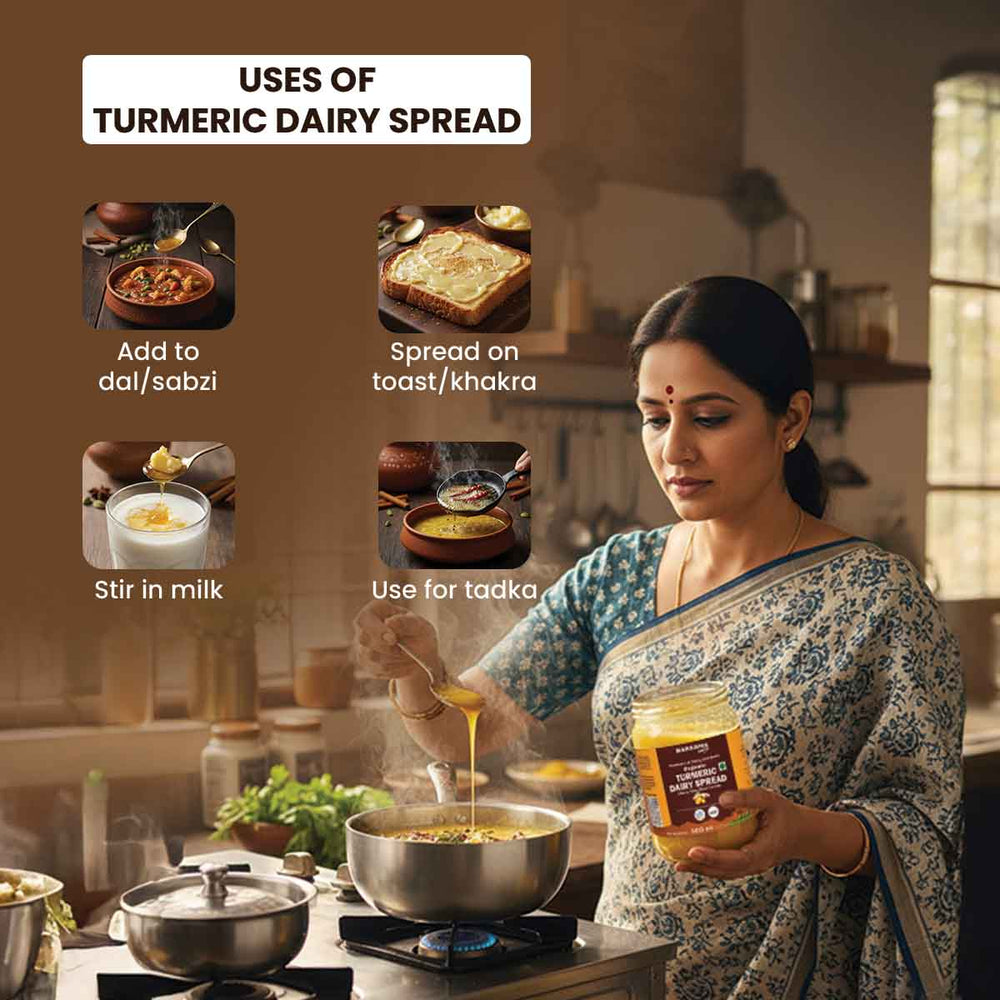 Barsana Magic and Woman in a kitchen using turmeric dairy spread with text on uses