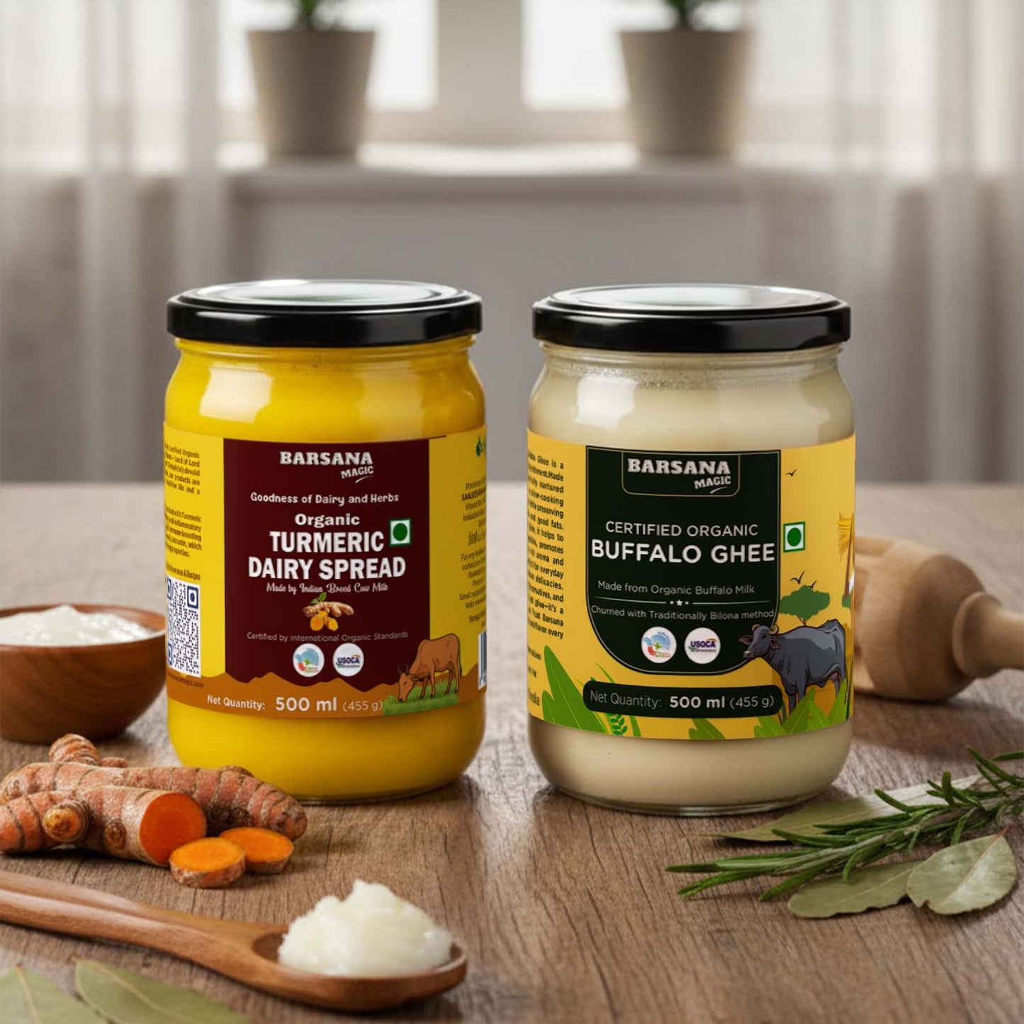 Barsana Magic and Two jars of Barsana organic dairy products on a wooden surface with turmeric and ghee.