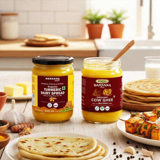 Barsana Magic and Two jars of Barsana organic dairy products on a kitchen counter with food items around.