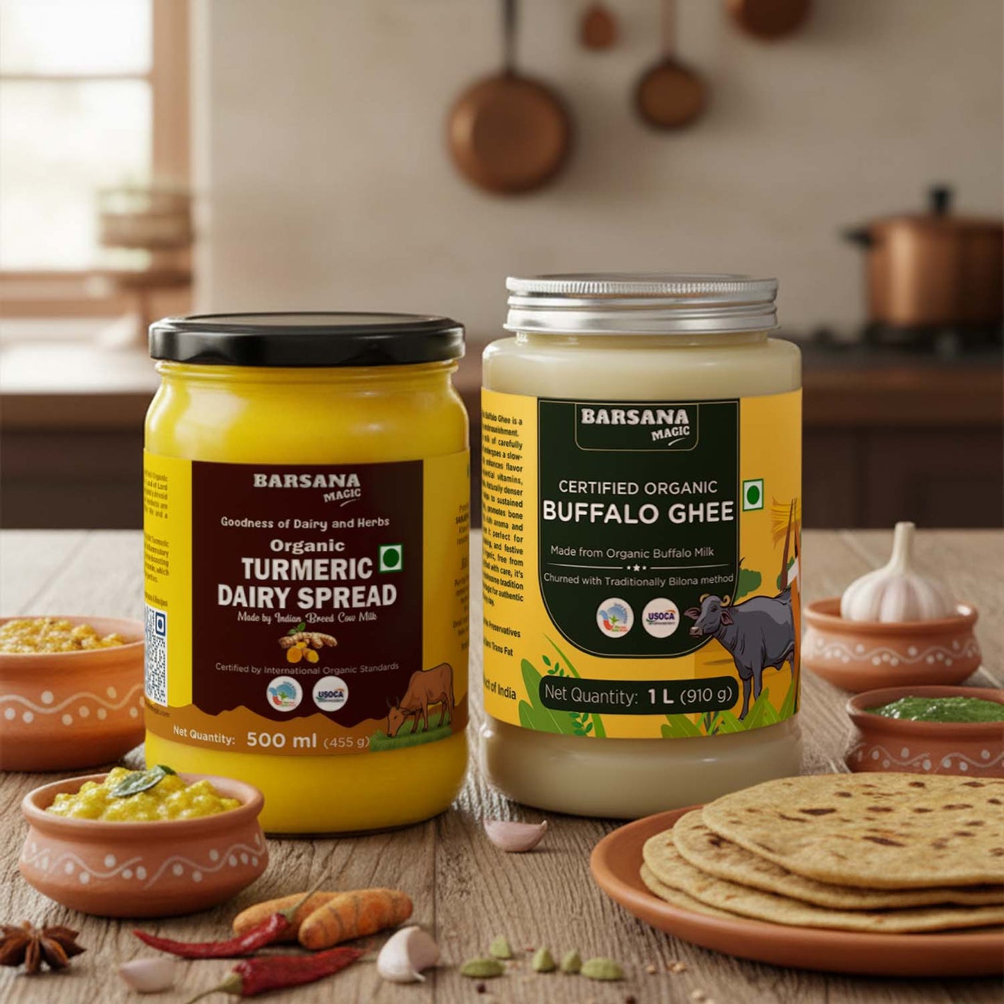 Barsana Magic and Two jars of Barsana dairy products on a kitchen counter with ingredients and flatbread.