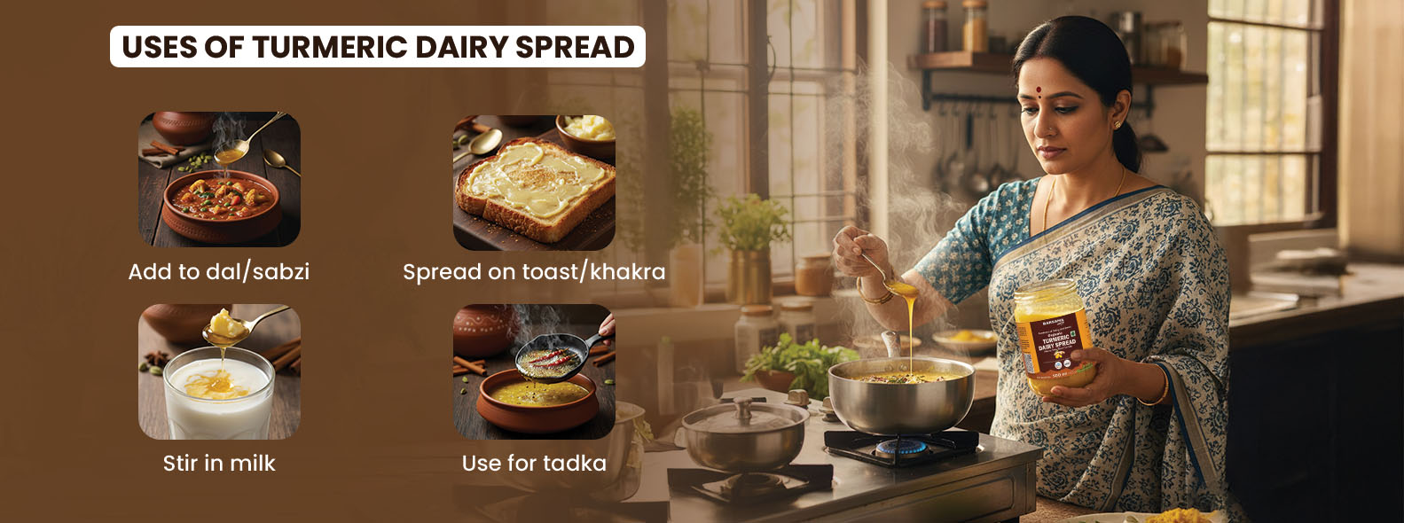 Barsana Magic and Woman in a kitchen using turmeric dairy spread with images of its uses.