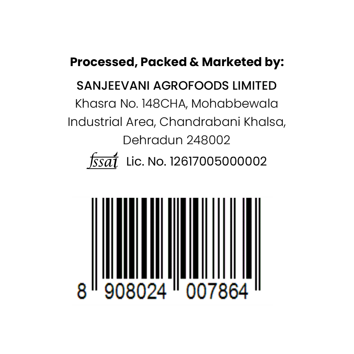 Barsana Magic and Sanjeevani Agrofoods Limited label with contact information and barcode on a white background
