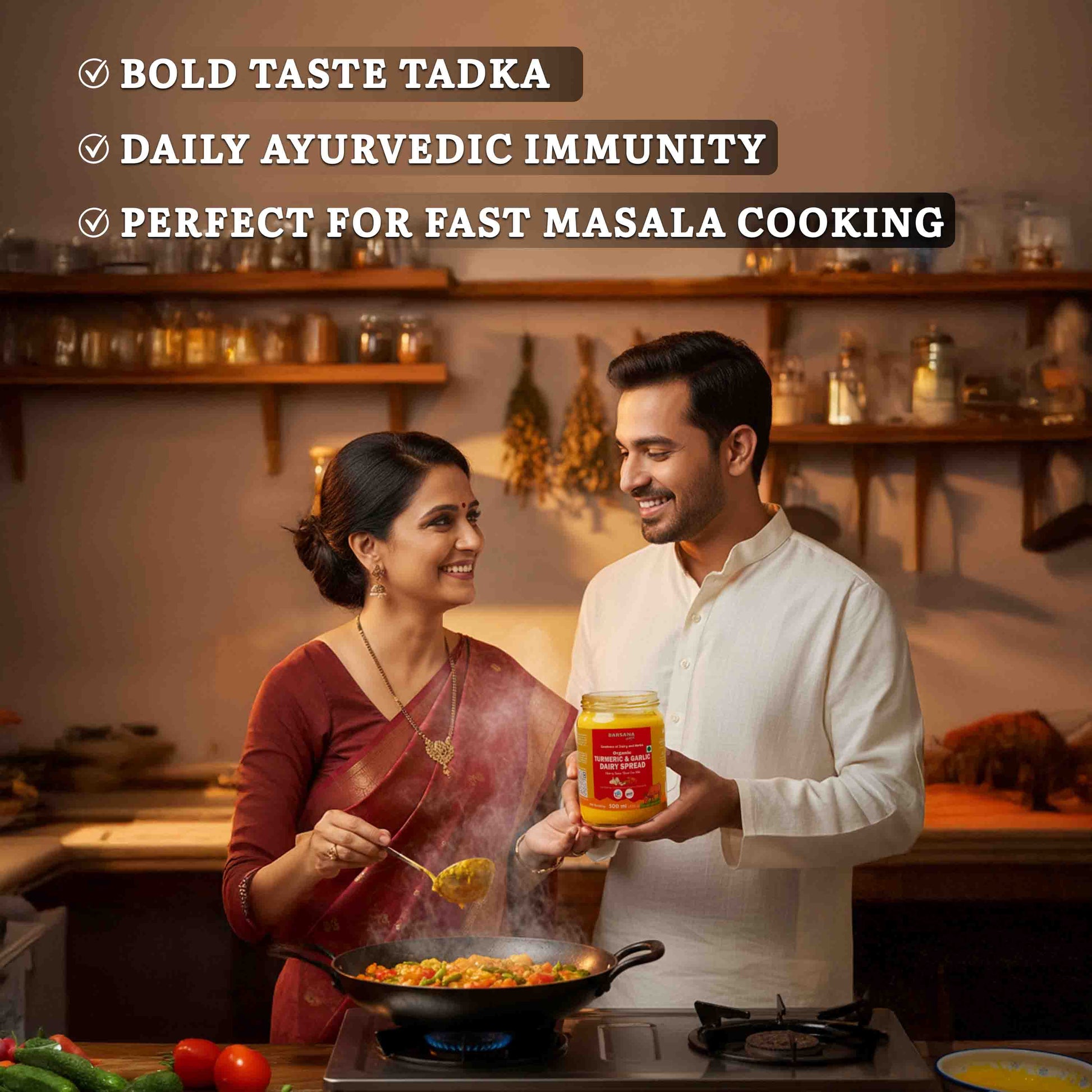 Barsana Magic and Man and woman cooking together in a kitchen, holding a jar of spices.