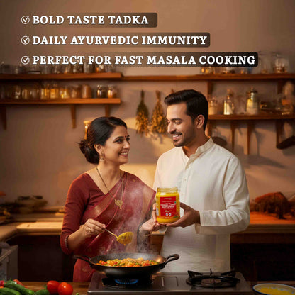 Barsana Magic and Man and woman cooking together in a kitchen, holding a jar of spices.