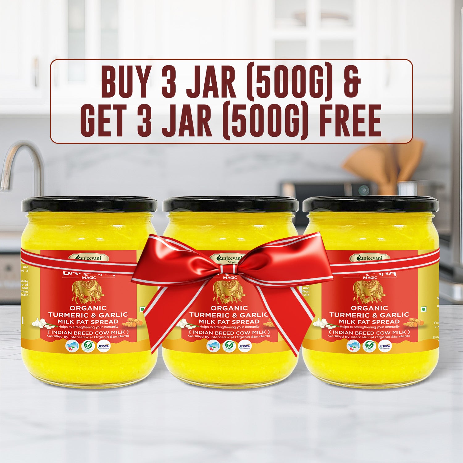 Barsana Magic 3 Jars of organic turmeric and garlic milk fat spread with a red bow on a kitchen counter.
