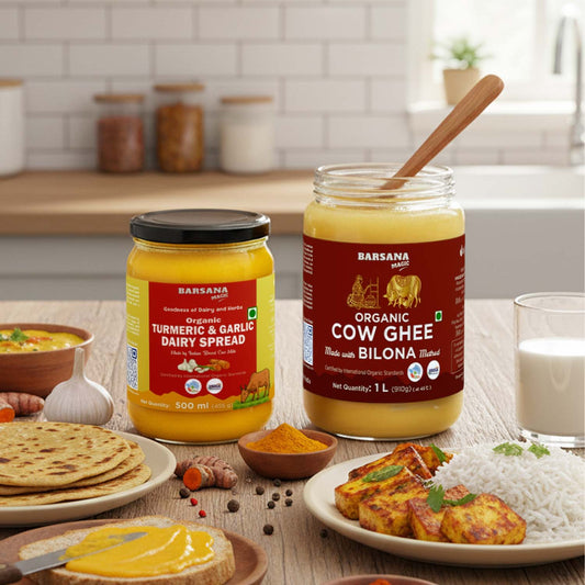 Barsana Magic and Two jars of Barsana organic dairy products on a kitchen counter with food items.