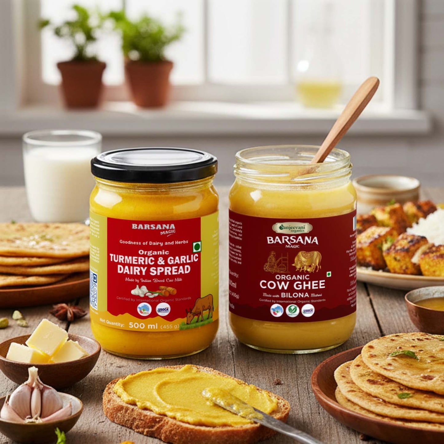 Barsana Magic and Two jars of Barsana organic dairy products on a table with food items.