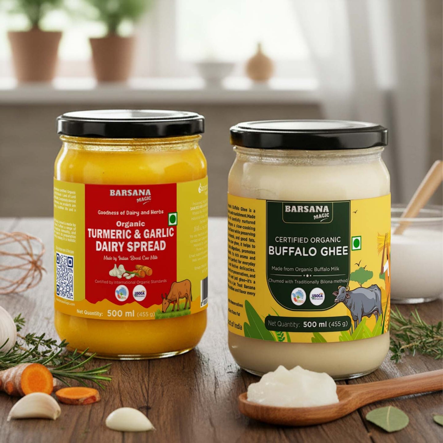 Barsana Magic and Two jars of Barsana dairy products on a wooden surface with kitchen items in the background.