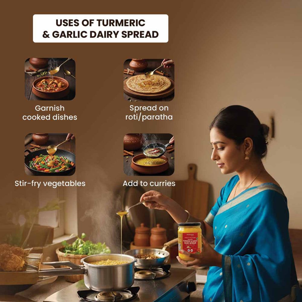 Barsana Magic and Woman in a kitchen using turmeric and garlic dairy spread with images of its uses.