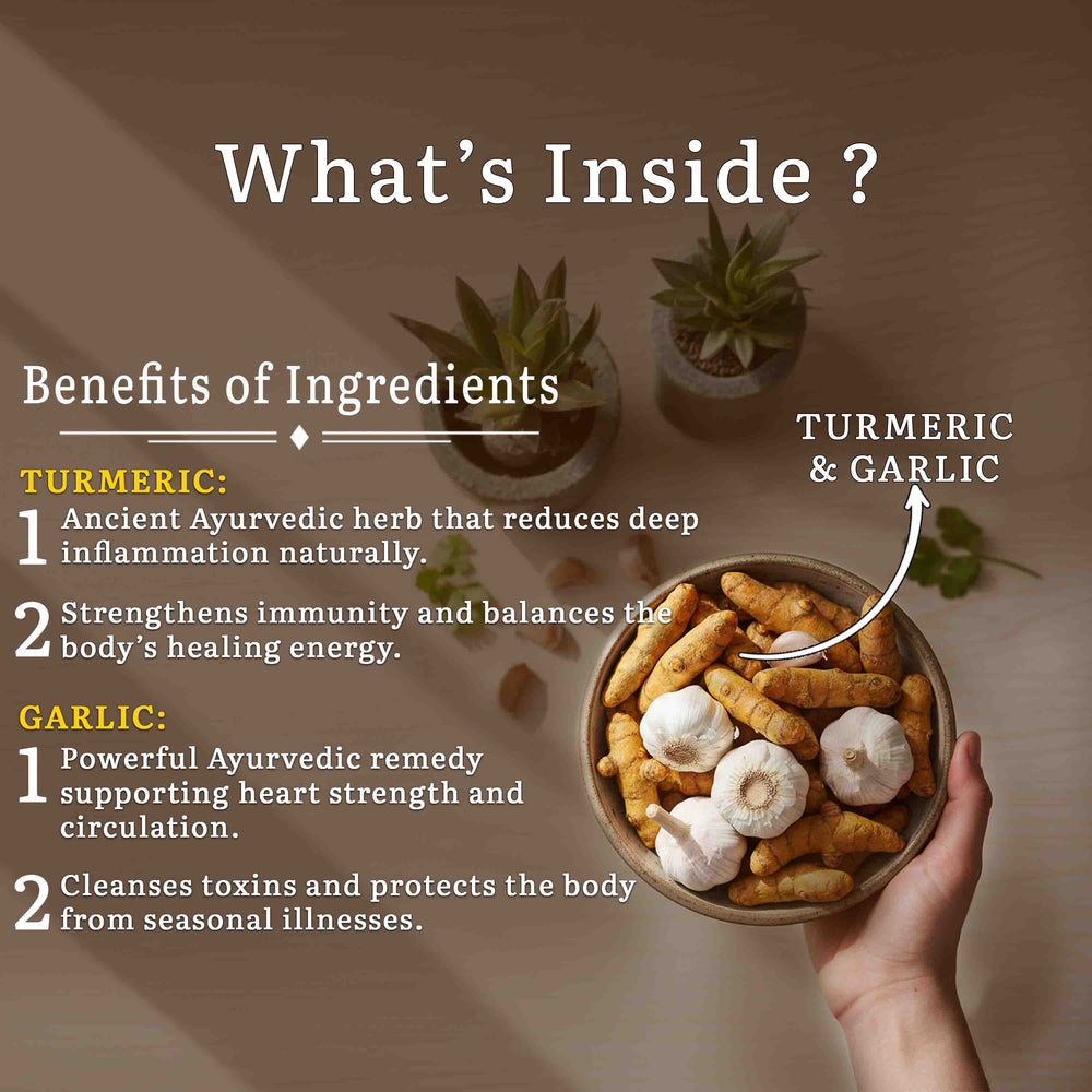 Barsana Magic and Bowl of turmeric and garlic with text on benefits on a wooden surface