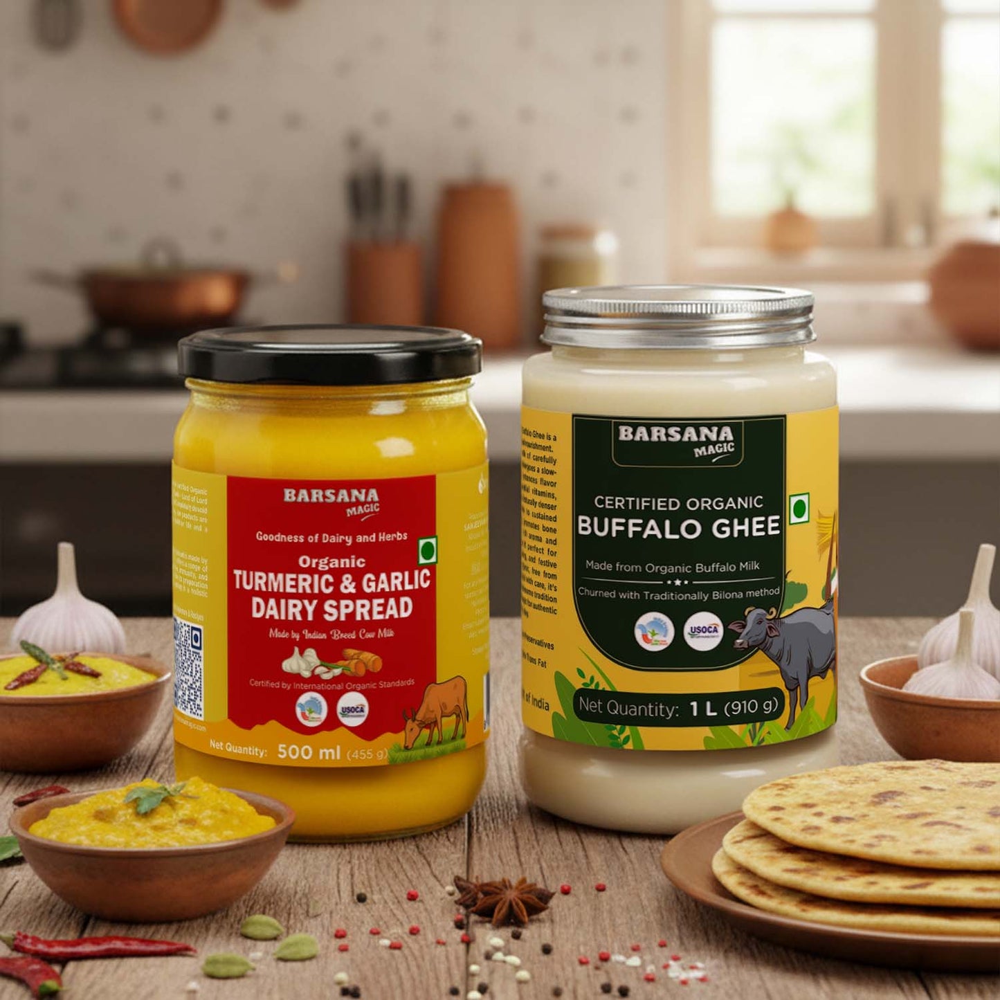 Barsana Magic and Two jars of dairy products on a kitchen counter with food items around.