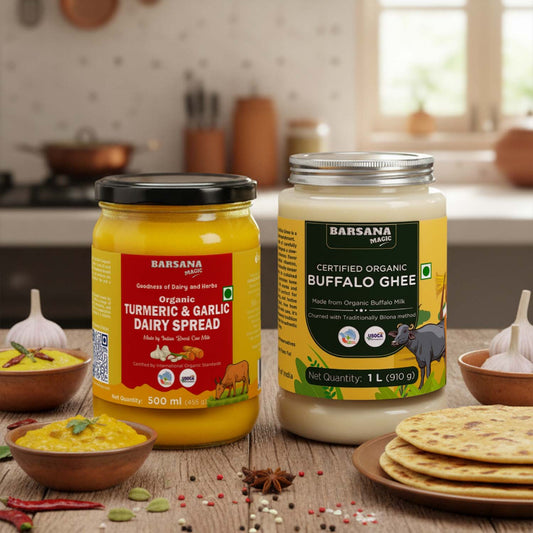 Barsana Magic and Two jars of dairy products on a kitchen counter with food items around.