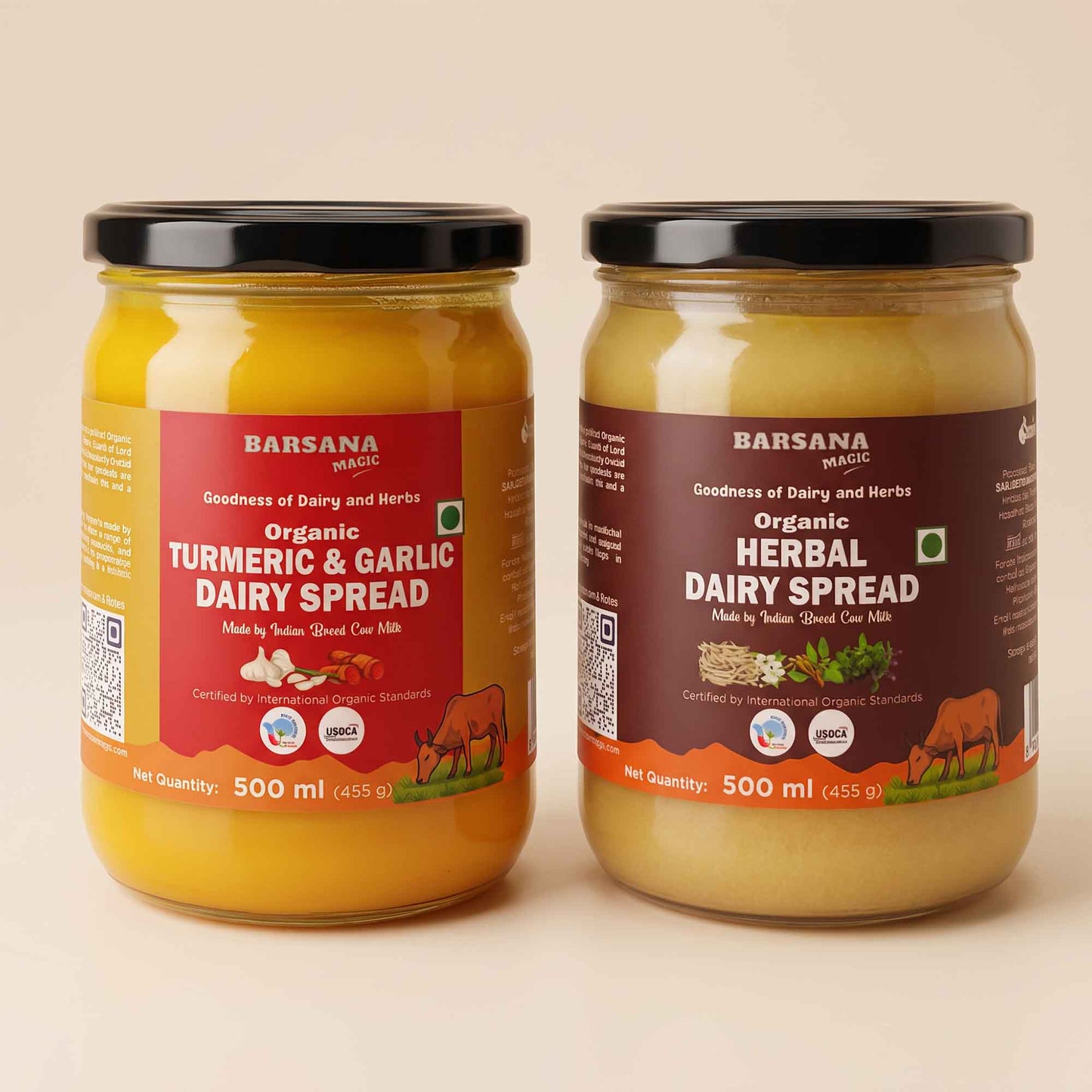 Barsana Magic and Two jars of Barsana Dairy spreads, one Organic Turmeric & Garlic Dairy Spread in yellow and one Organic Herbal Dairy Spread in beige, shown side-by-side on a light beige background.