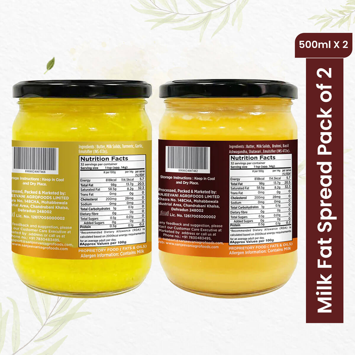 Creamy Organic Turmeric & Garlic Milk Fat and Herbal Milk Fat Spread duo in a pack, showcasing rich, golden textures.