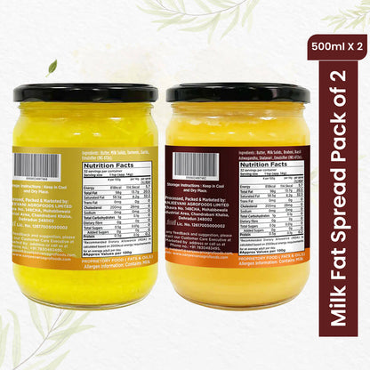 Creamy Organic Turmeric & Garlic Milk Fat and Herbal Milk Fat Spread duo in a pack, showcasing rich, golden textures.