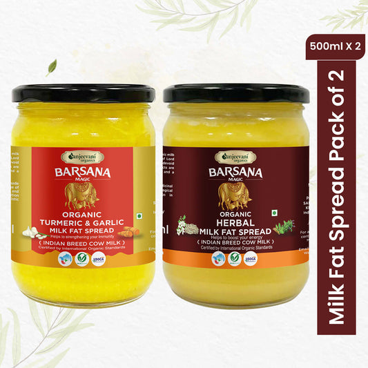 Creamydeal pack of Organic Turmeric & Garlic Milk Fat and Organic Herbal Milk Fat Spread, showcasing vibrant, creamy textures.