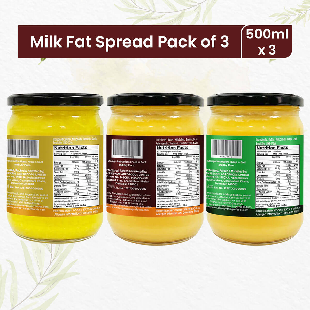 Trio of Organic Milk Fat Spreads in Turmeric & Garlic, Herbal, and Nettle flavors, packaged together for a healthy, flavorful boost.