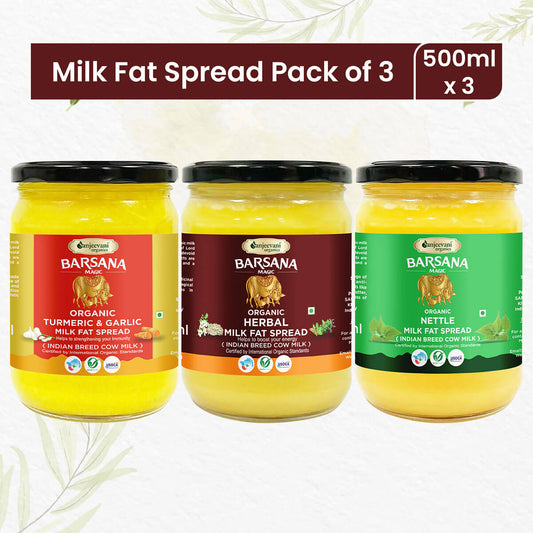 Savor the goodness of a trio of organic milk fat spreads with turmeric, garlic, herbal, and nettle flavors in a vibrant pack of three.