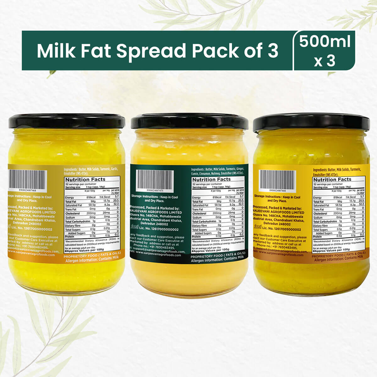 Trio of organic milk fat spreads with turmeric, masala, and garlic flavors, packaged in glass jars for a wholesome touch.