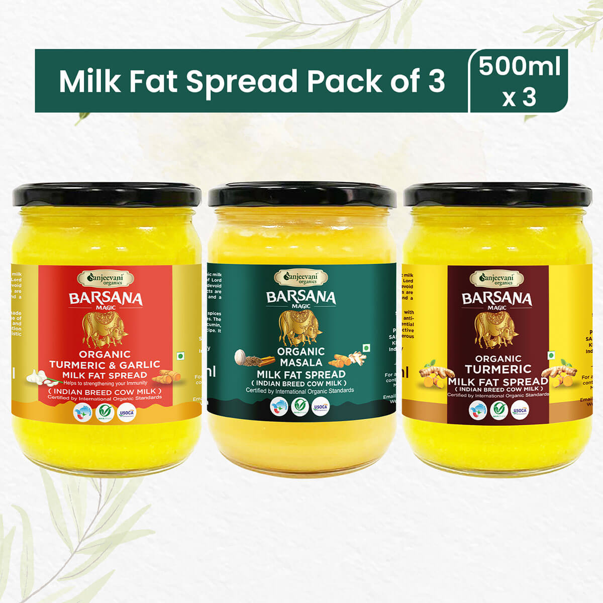 Trio of Organic Turmeric, Masala, and Garlic Milk Fat Spreads in vibrant packaging, showcasing rich, golden-hued spreads.