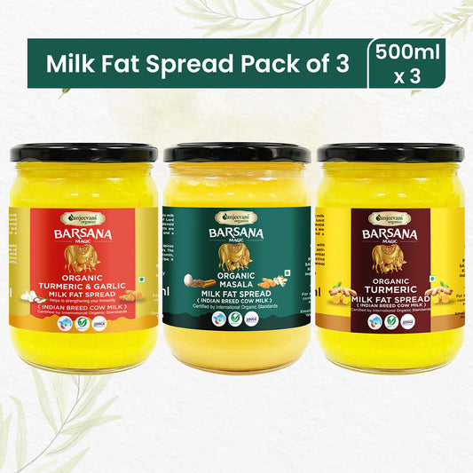 Trio of Organic Turmeric, Masala, and Garlic Milk Fat Spreads in vibrant packaging, showcasing rich, golden-hued spreads.