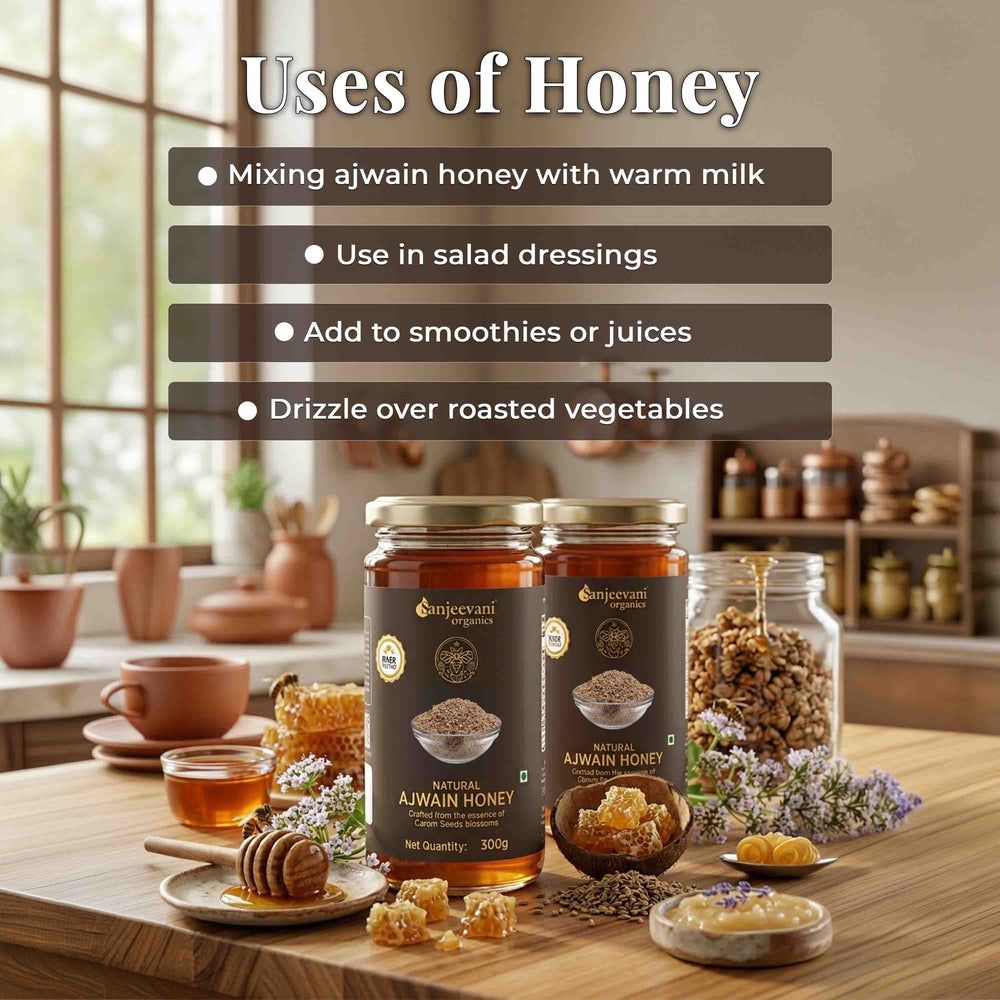 Barsana Magic and Two jars of Ajwain honey on a wooden table with kitchen background and text on uses of honey.