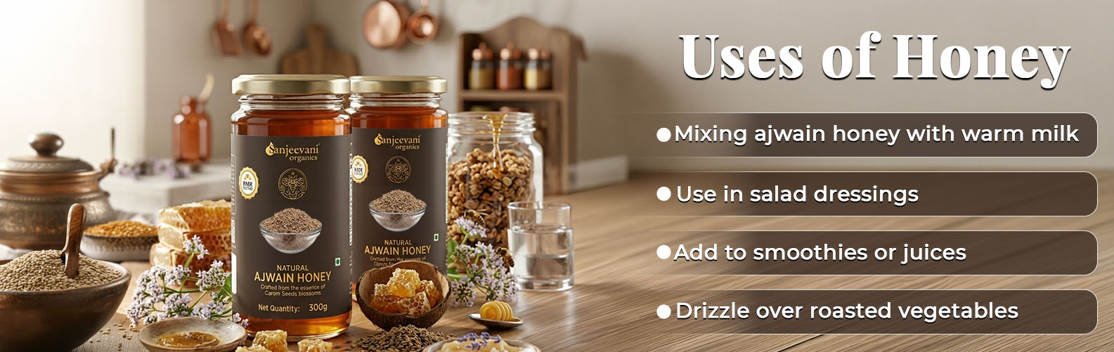 Barsana Magic and Honey jars on a wooden table with a list of honey uses displayed.