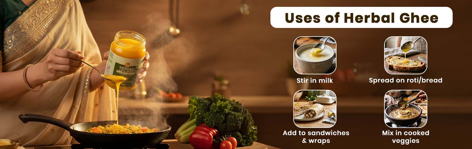 Barsana Magic and  Person cooking with a jar of herbal ghee in a kitchen setting, with text on uses of herbal ghee.