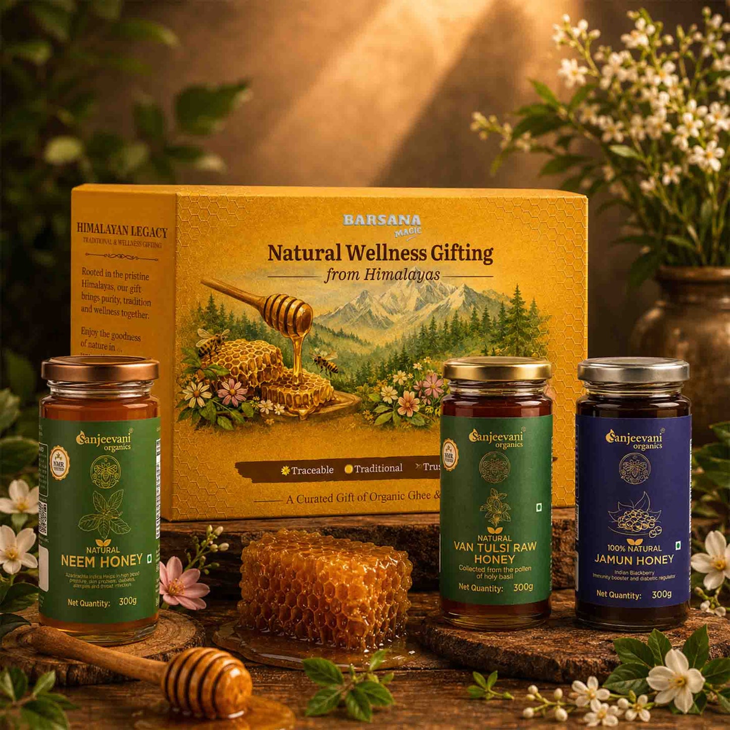 Barsana Magic and  Honey products with a decorative box on a wooden surface with flowers in the background