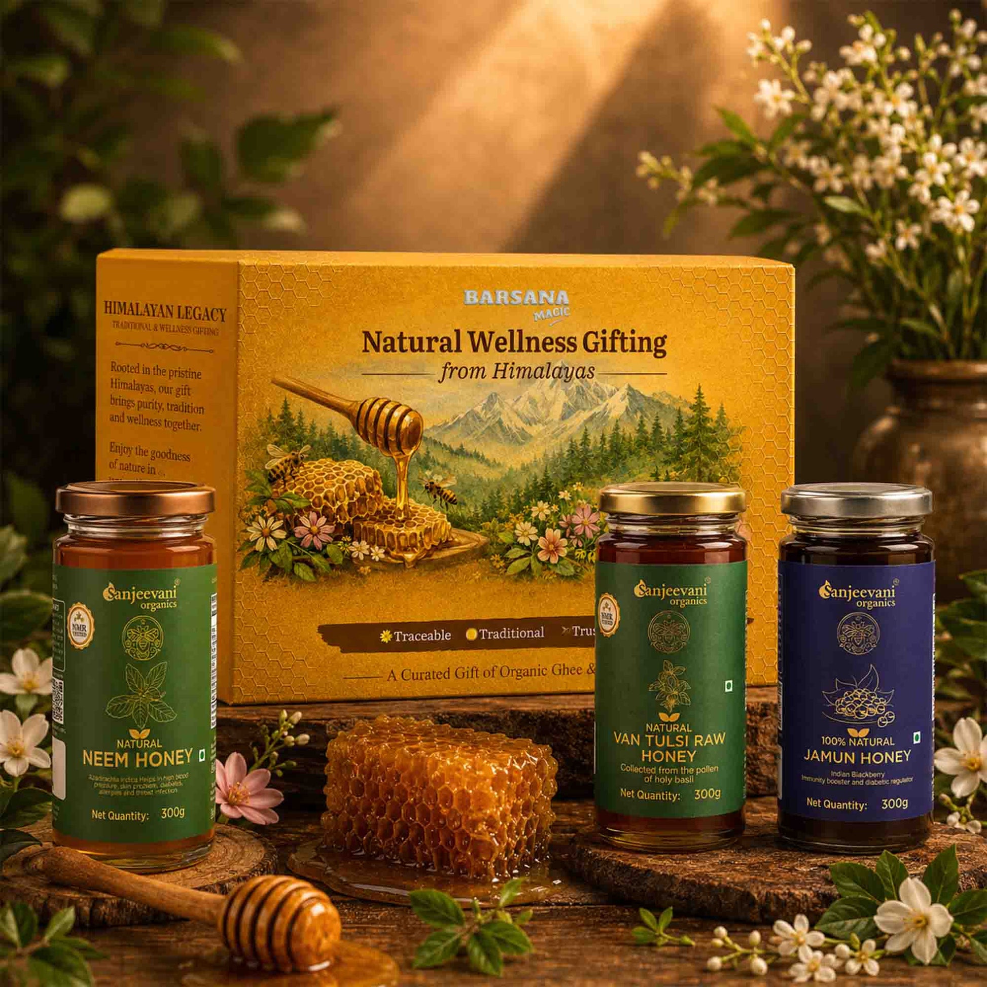 Barsana Magic and  Honey products with a decorative box on a wooden surface with flowers in the background