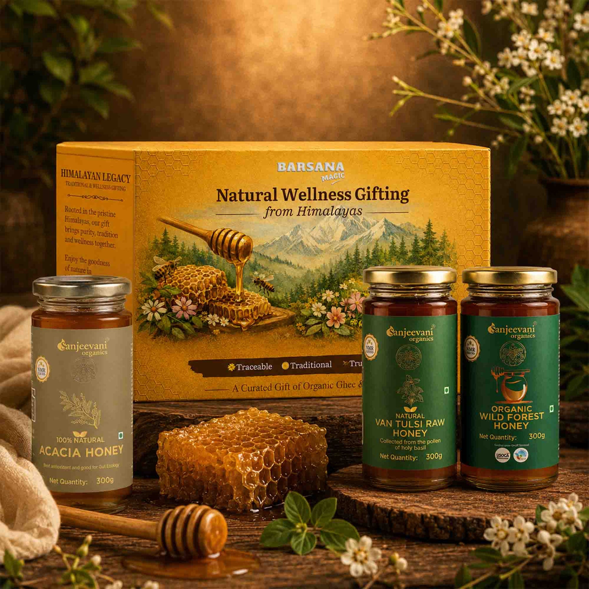Barsana Magic and Honey products with a  branded box on a wooden surface with natural elements.