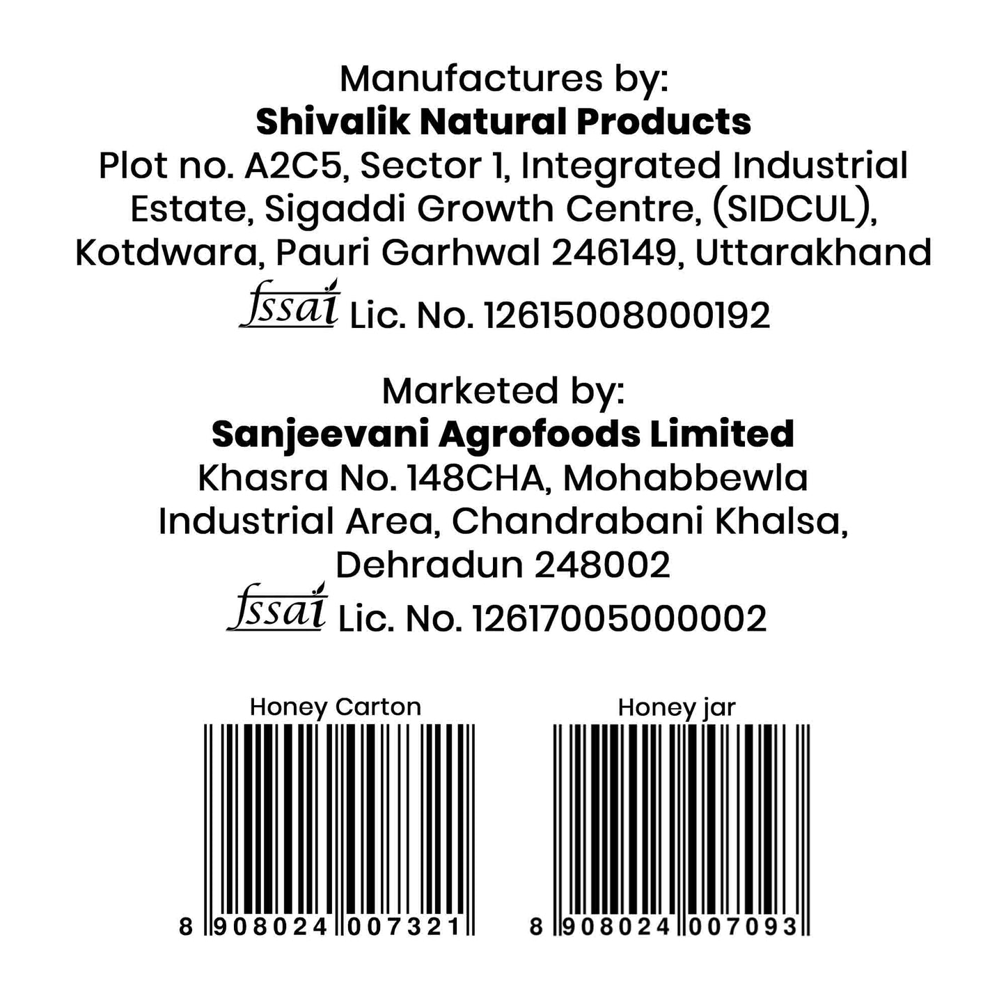 Barsana Magic and Back of a honey product packaging with Shivalik Natural Products and Sanjeevani Agrofoods Limited branding, along with barcodes.