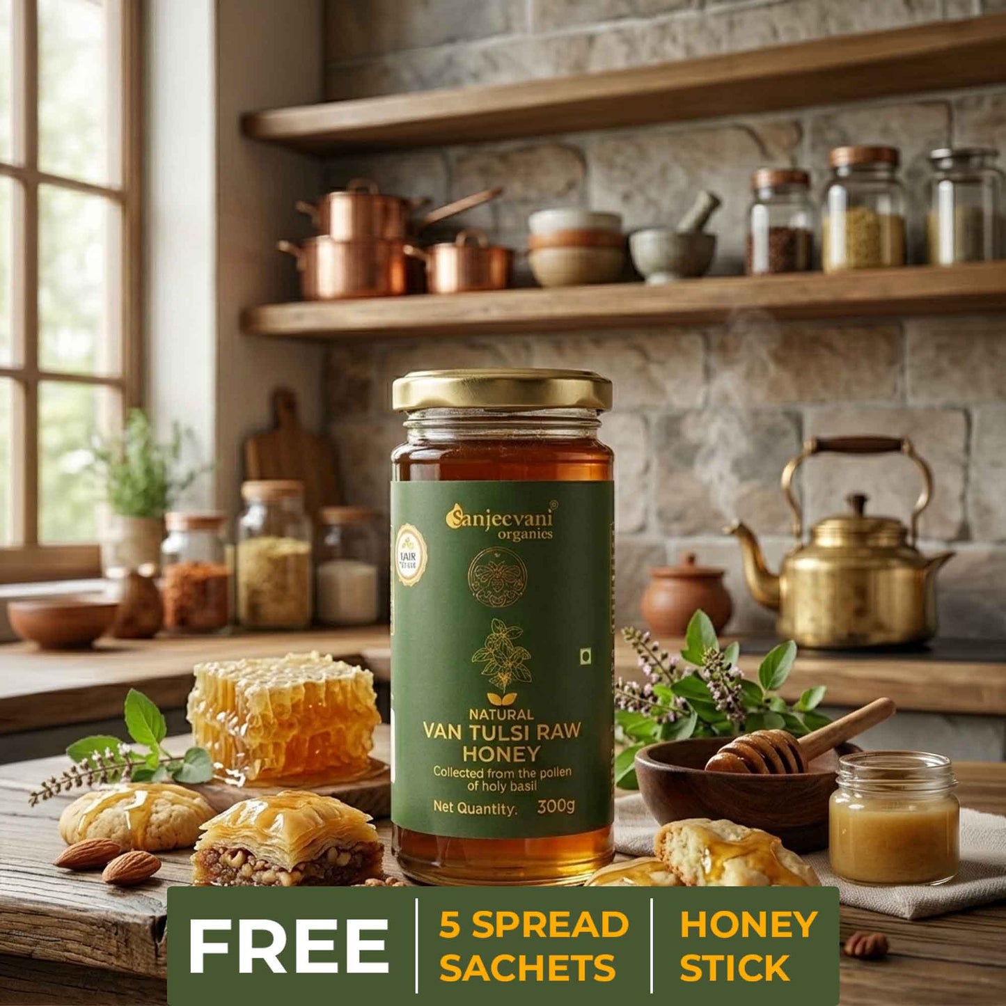 Barsana Magic and Jar of honey with promotional text in a kitchen setting