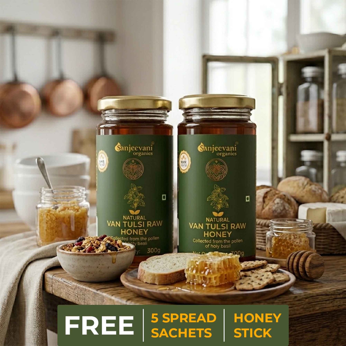 Barsana Magic and Two jars of Sanjeevani Van Tulsi Raw Honey on a kitchen counter with food items and promotional text.