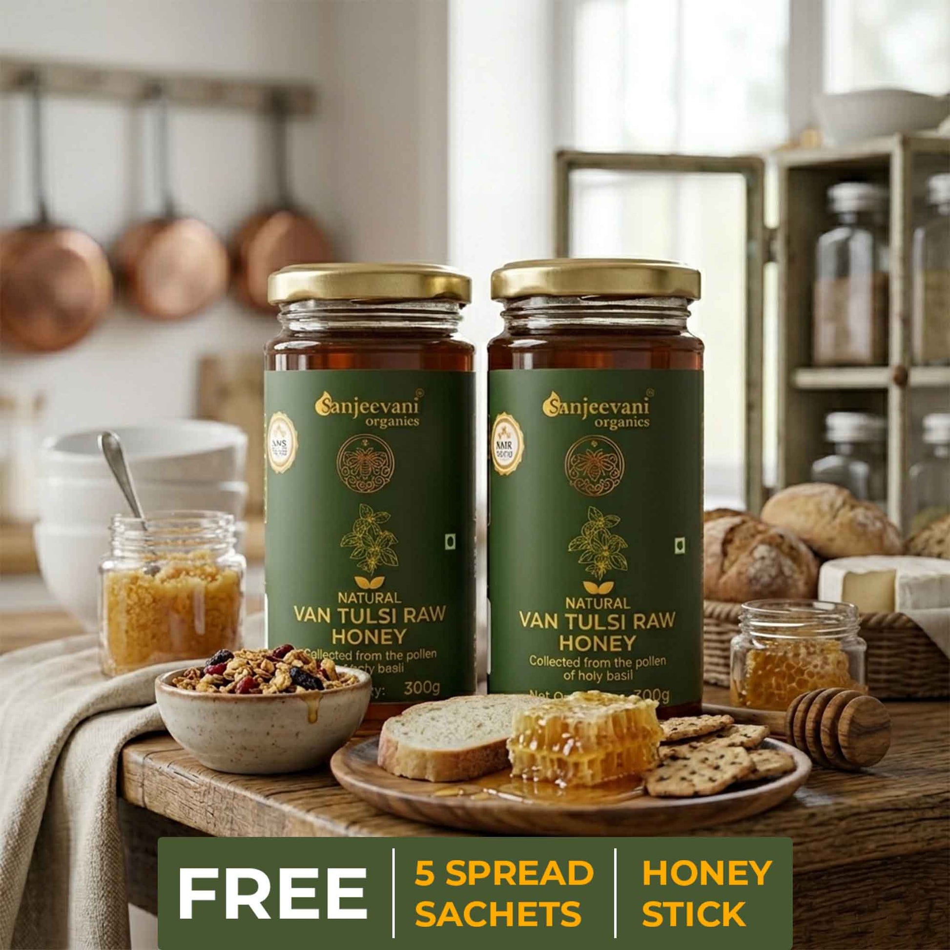 Barsana Magic and Two jars of Sanjeevani Van Tulsi Raw Honey on a kitchen counter with food items and promotional text.