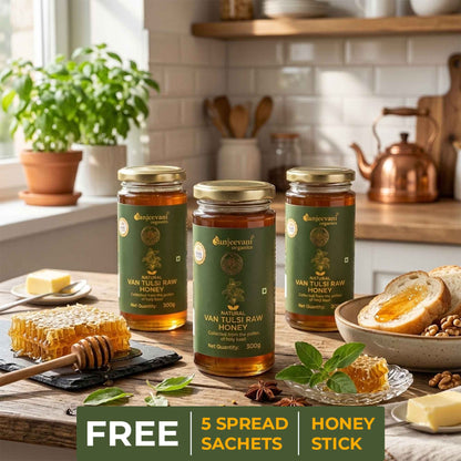 Barsana Magic and Three jars of honey on a kitchen counter with a promotional banner at the bottom.
