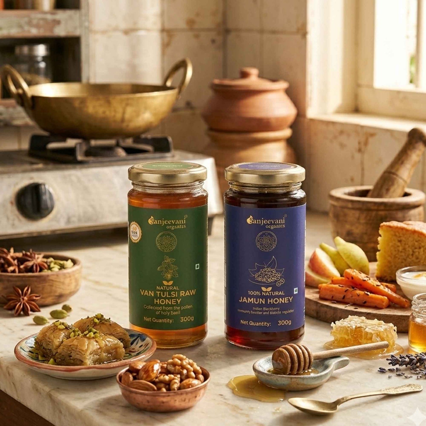 Barsana Magic and Two jars of honey on a kitchen counter with food items and utensils around.
