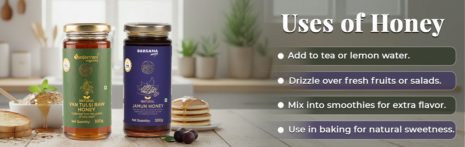 Barsana Magic and Two jars of honey with a list of uses on a wooden table.