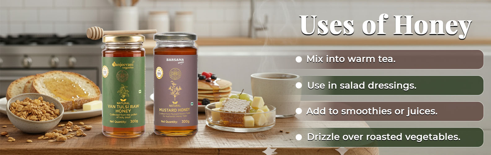 Barsana Magic and Two jars of honey on a kitchen counter with text about honey uses.